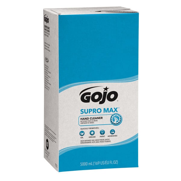 A white and blue box of GOJO Supro Max Hand Cleaner with blue text.