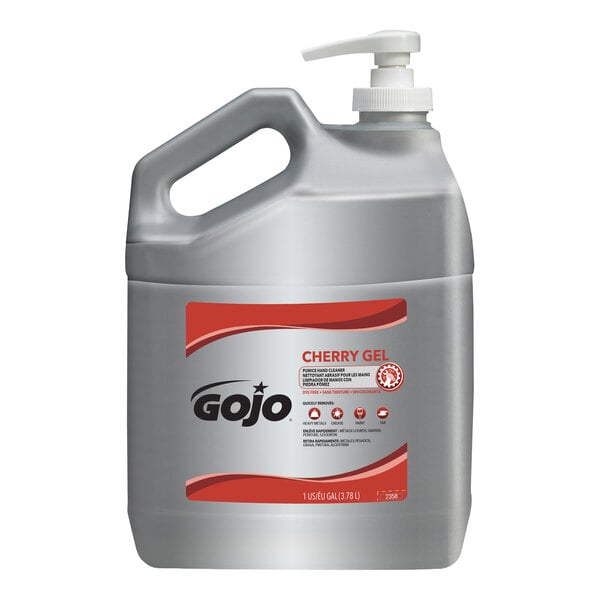 A one-gallon container of GOJO Cherry Gel Pumice Hand Cleaner with a pump dispenser.