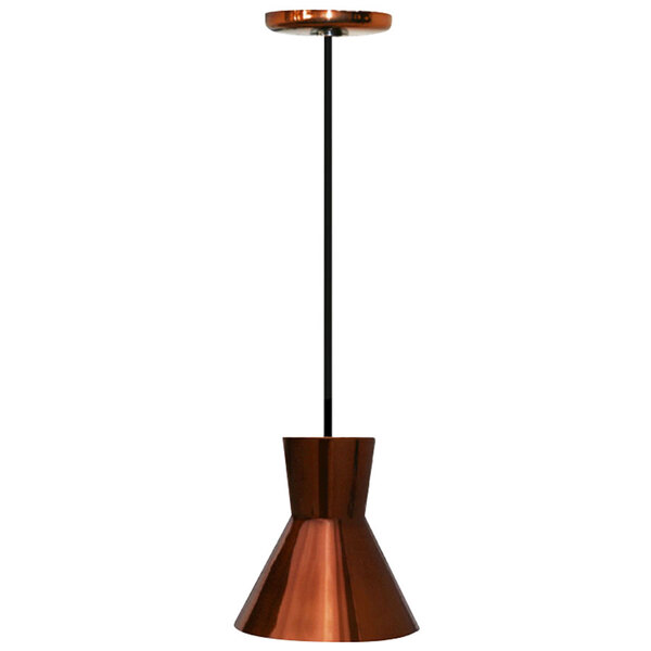 A Hanson Heat Lamps copper ceiling mount heat lamp with a black pole.