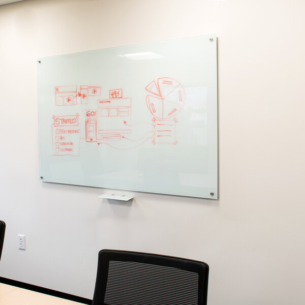 A white Aarco pure glass markerboard with red marker drawings on it.
