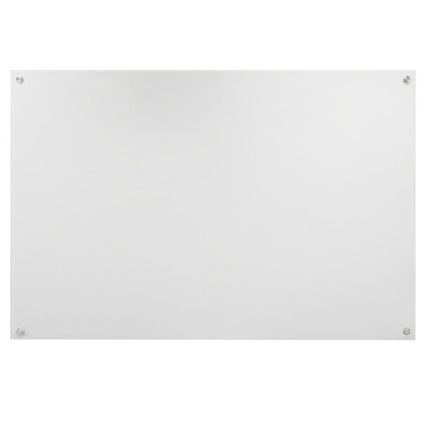 A white rectangular Aarco glass markerboard with metal hardware.