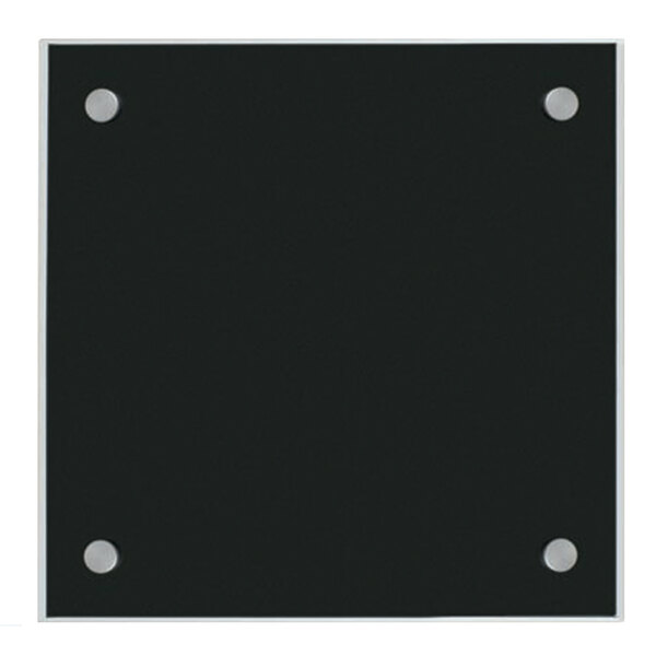 A black square glass markerboard with silver screws.