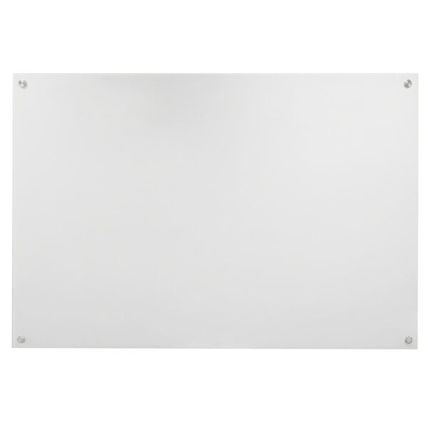 An Aarco white rectangular glass markerboard with screws.