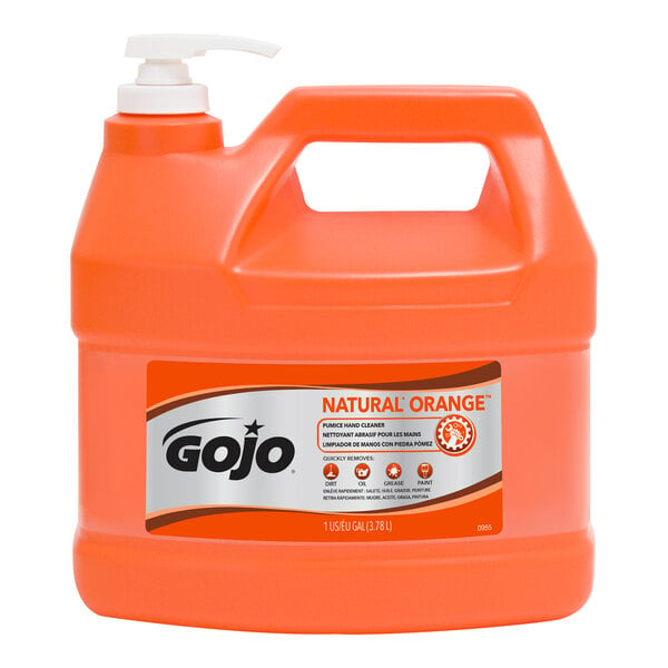 A plastic jug of GOJO Natural Orange liquid hand soap.