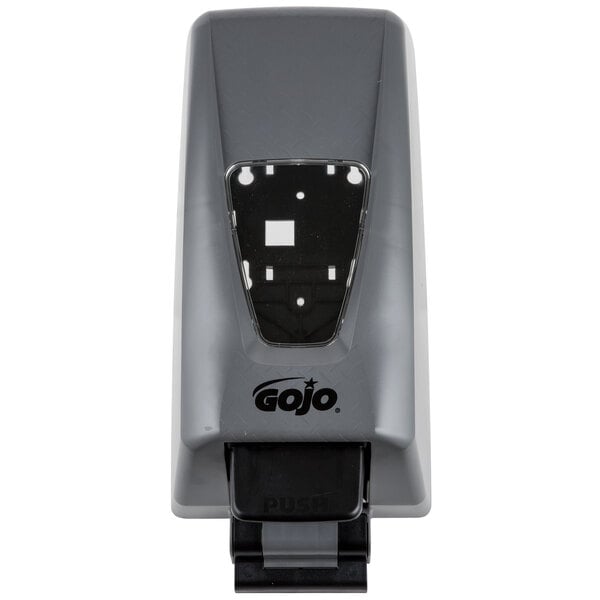 A grey plastic GOJO dispenser with black plastic components.