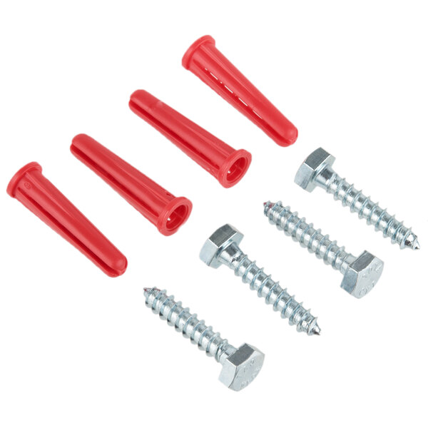 A set of screws and red plastic dowels for a GOJO TDX dispenser.