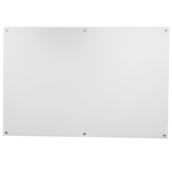A white pure glass Aarco markerboard with a metal frame and screws.