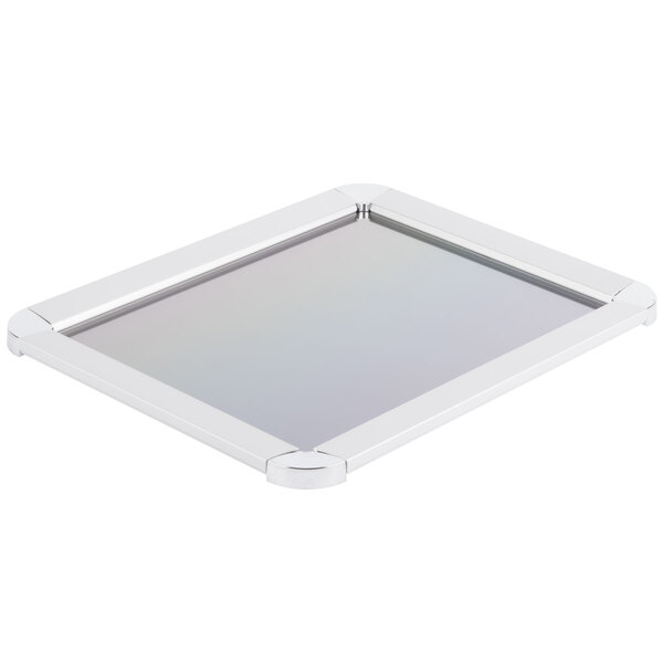 An Aarco satin aluminum snap frame with round corners and a white border.