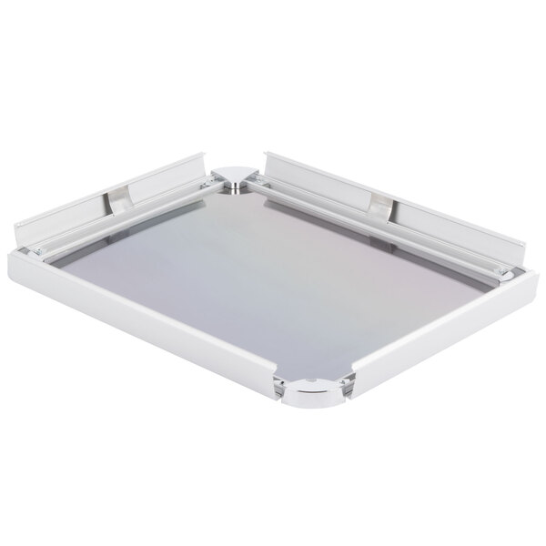 An Aarco satin aluminum snap frame with round corners.