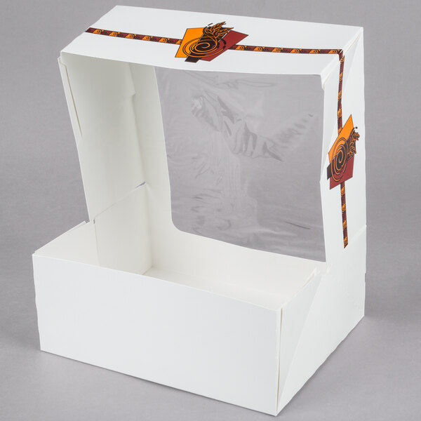 A white auto-popup bakery box with printed graphic.