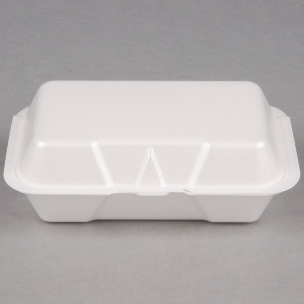 A white Genpak foam hinged lid container.