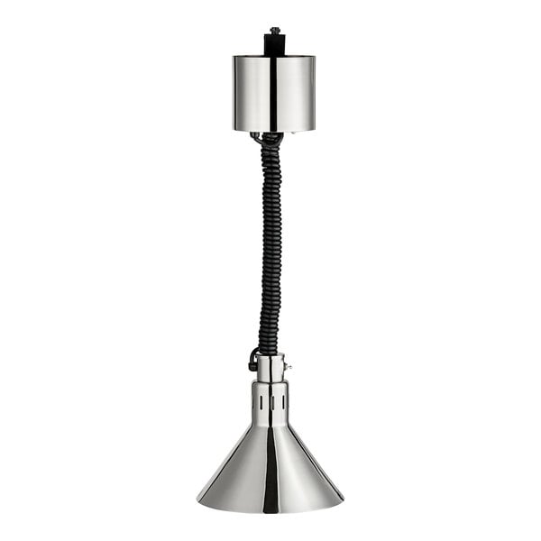 A silver Hatco hanging heat lamp with a black cord.