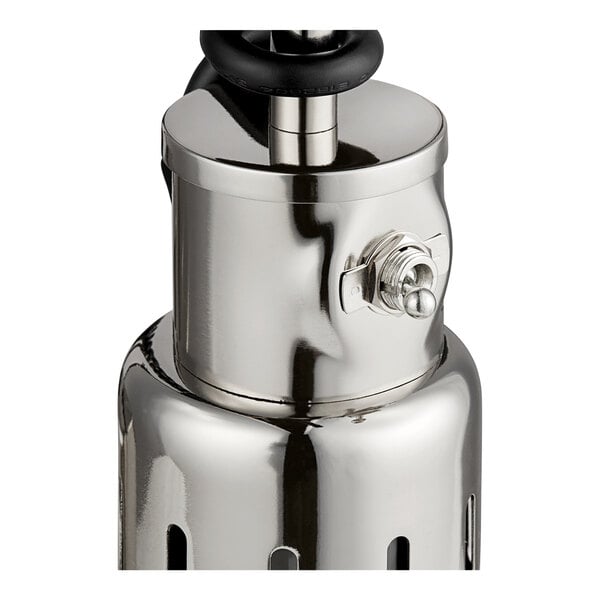 A close up of a Hatco hanging heat lamp with a bright nickel finish.