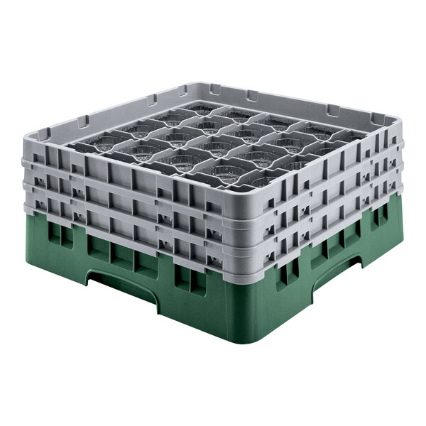 A green and gray plastic Cambro glass rack with six trays in it.