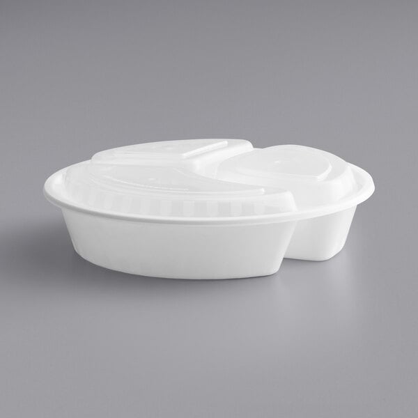 Choice 33 oz. White 9 Round 3-Compartment Microwavable Heavy Weight  Container with Lid - 150/Case