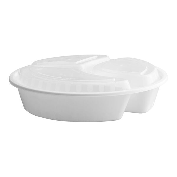 A white round microwavable container with three compartments and a fitted lid.