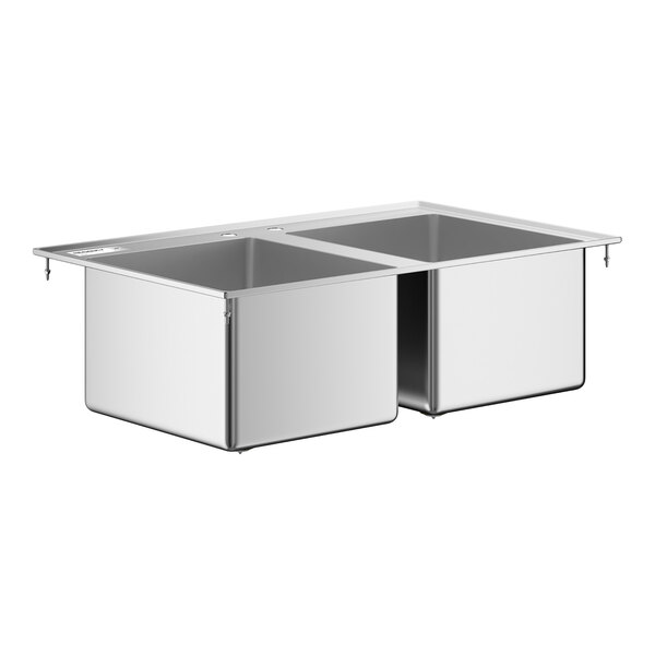 A stainless steel two-compartment drop-in sink with a rectangular design and deep basins.