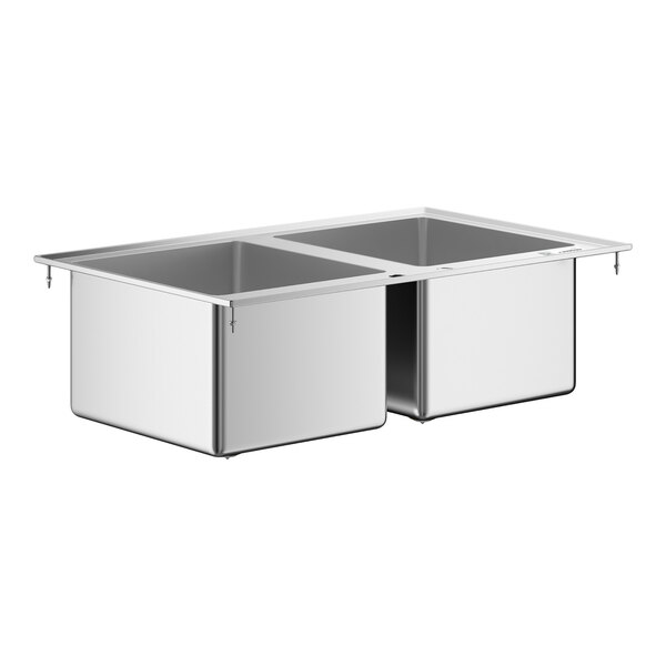 A stainless steel two-compartment drop-in sink with a rectangular shape and smooth finish.