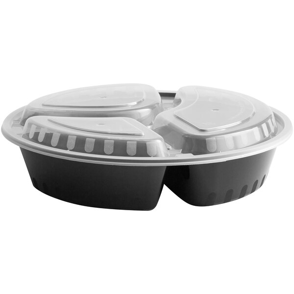 Choice 33 oz. Black 9 Round 3-Compartment Microwavable Heavy Weight  Container with Lid - 150/Case