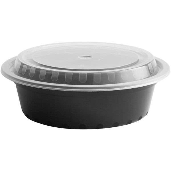 Asporto 32 oz Round Black Plastic To Go Box - with Clear Lid, Microwavable  - 7 1/4 x 7 1/4 x 3 - 100 count box
