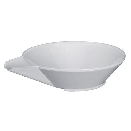 A white plastic bowl with a long handle.