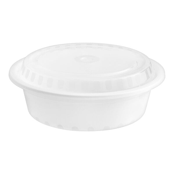 A close up of a Choice white plastic microwavable container with a lid.