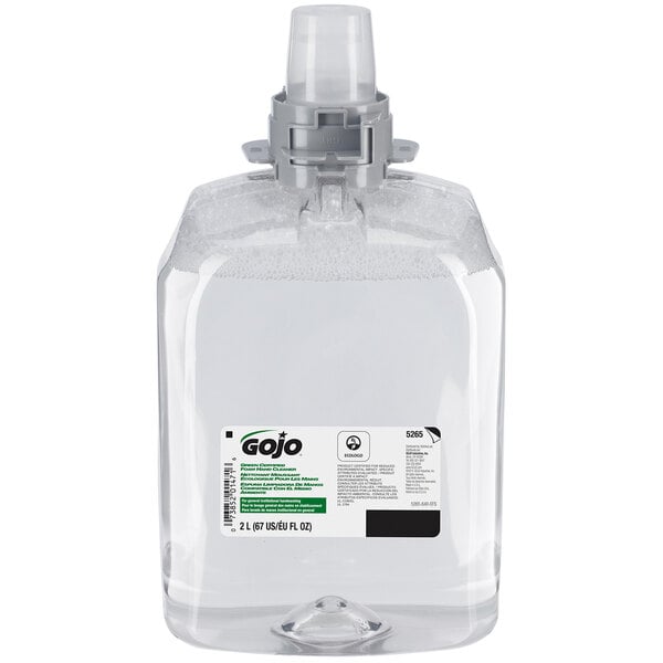 A clear plastic bottle of GOJO Fragrance Free foaming hand soap with a clear pump.