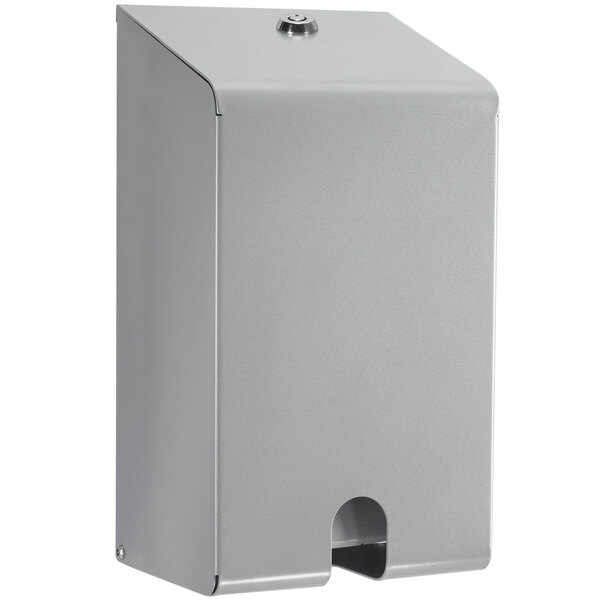A silver metal security enclosure for a GOJO hand sanitizer dispenser.