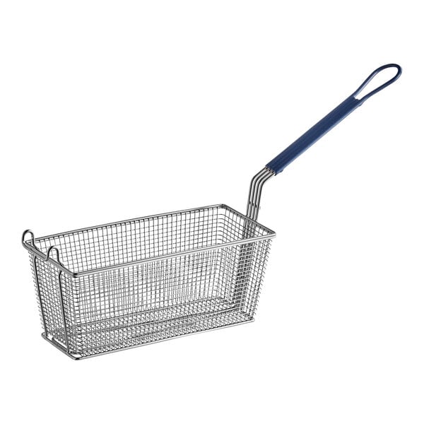 A Pitco triple fryer basket with a blue handle.