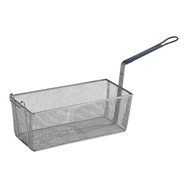 A Pitco twin size stainless steel fryer basket with a handle.