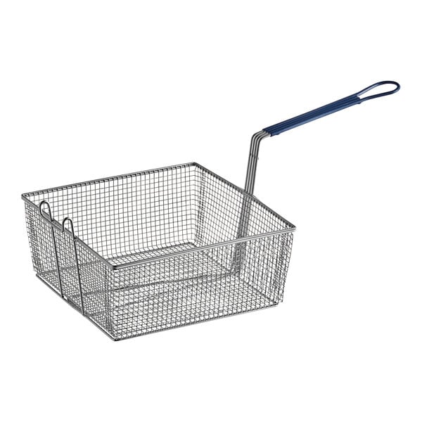 A Pitco fryer basket with a wire mesh and blue handle.