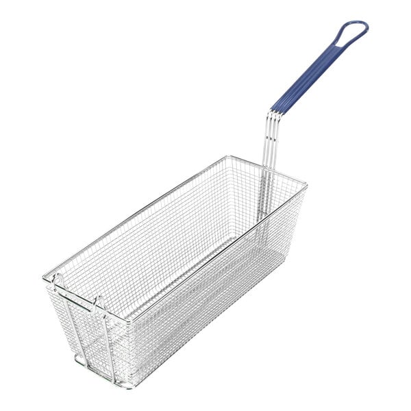 A wire basket with a blue handle.