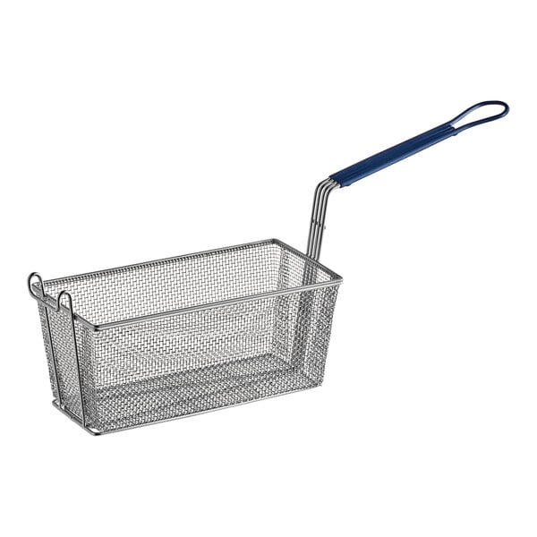 A Pitco twin size fine mesh fryer basket with a front hook.