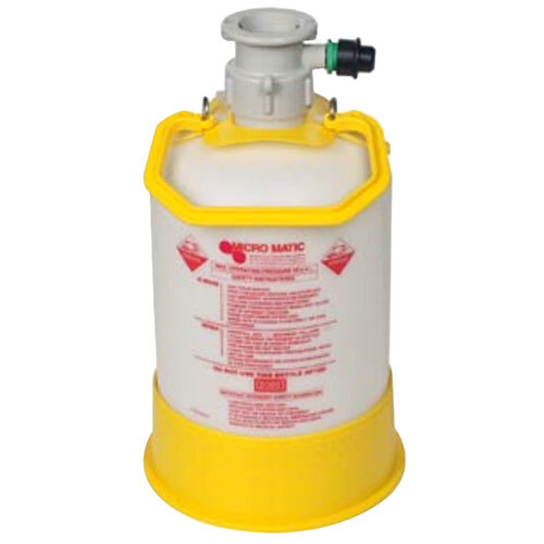 A close-up of a white and yellow Micro Matic beer tap cleaning container with a yellow lid.