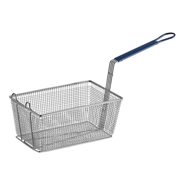 A Pitco fryer basket with a blue handle.