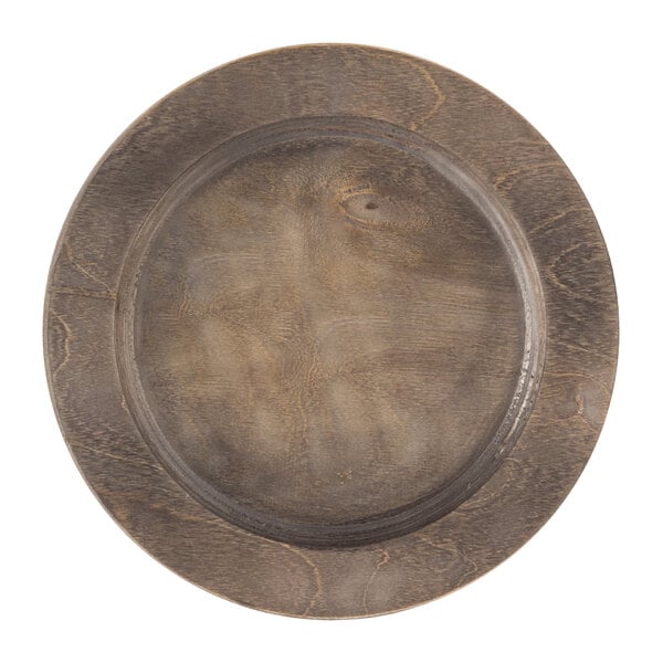 A round wooden underliner with a circular edge and walnut finish.