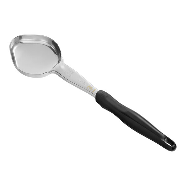 A silver spoon with a black oval handle.