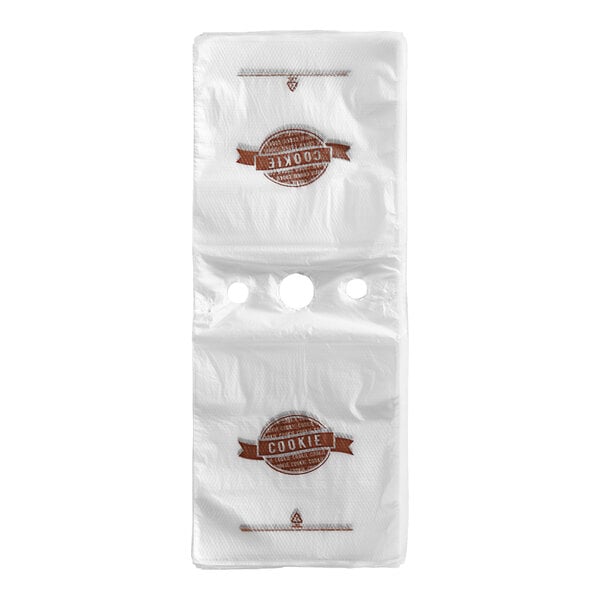 A set of clear plastic cookie bags with a flip top and printed 'cookie' label, designed for use with a deli saddle bag stand.