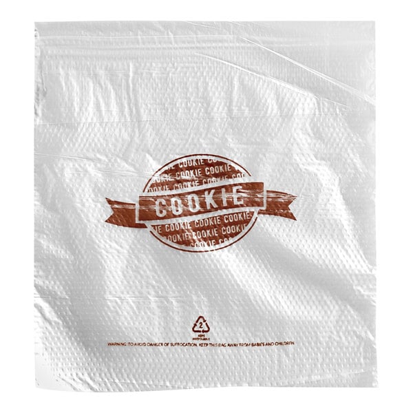 A clear plastic cookie bag with a brown 'COOKIE' label and a flip top closure.