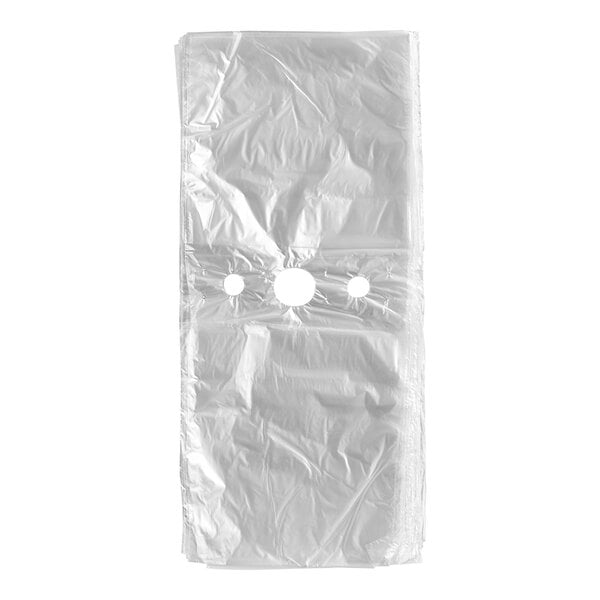 A clear plastic deli saddle bag with three holes for mounting on a stand.