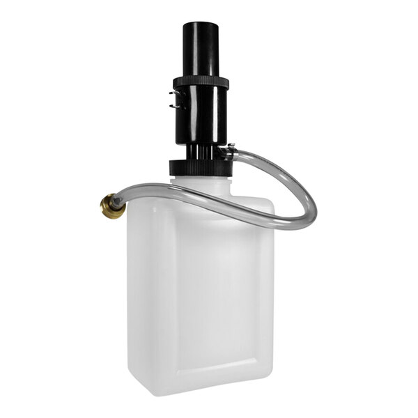 A white plastic Micro Matic kegerator cleaning bottle with a black hose.