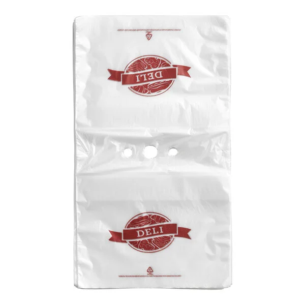 A clear plastic deli saddle bag with red 'DELI' print and two holes in the center for use with a bag stand.