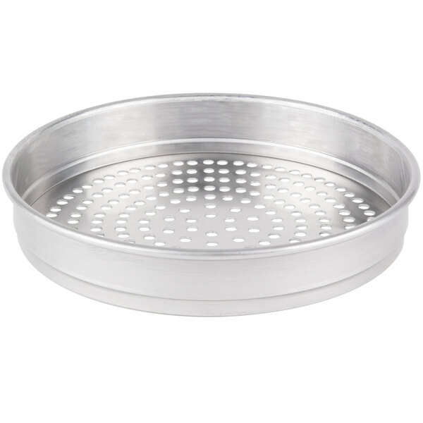 An American Metalcraft Super Perforated Heavy Weight Aluminum Pizza Pan with round holes in the bottom.