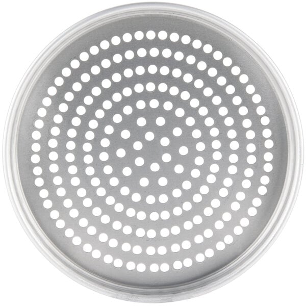 An American Metalcraft heavy weight aluminum pizza pan with perforations.