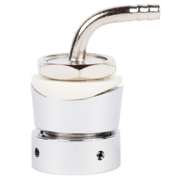 A chrome metal and white elbow shank assembly with a nozzle.
