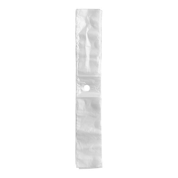 A clear plastic deli saddle bag with a flip top and a hole for hanging.