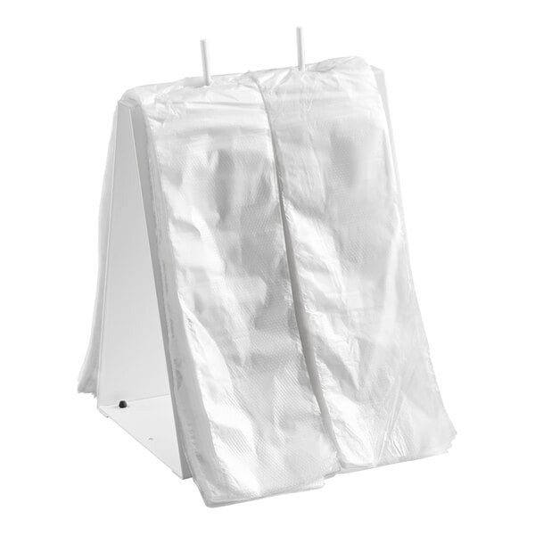 A deli saddle bag stand holding plain flip top deli bags.