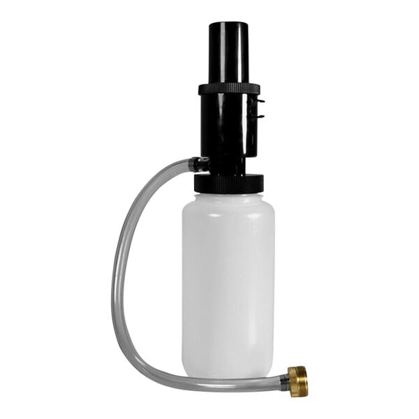 A white plastic Micro Matic kegerator cleaning bottle with a black tube.