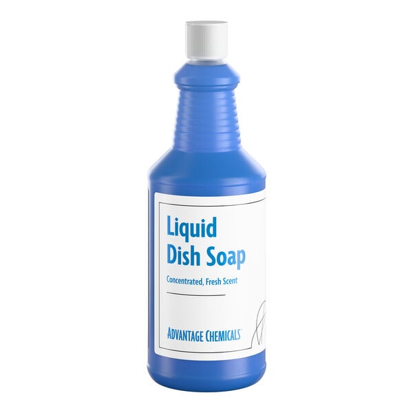 A 32 oz. bottle of Advantage Chemicals concentrated liquid dish soap with a blue container and white label.
