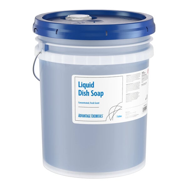 A 5-gallon pail of Advantage Chemicals concentrated liquid dish soap with a blue lid.